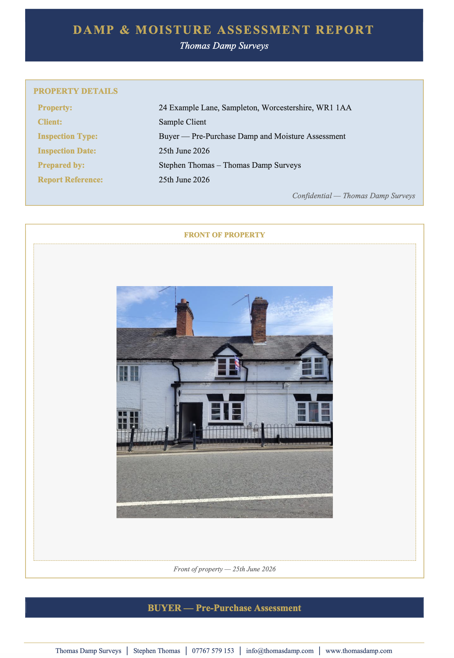 Preview of a Thomas Damp Surveys damp and moisture assessment report with property details and front of property section