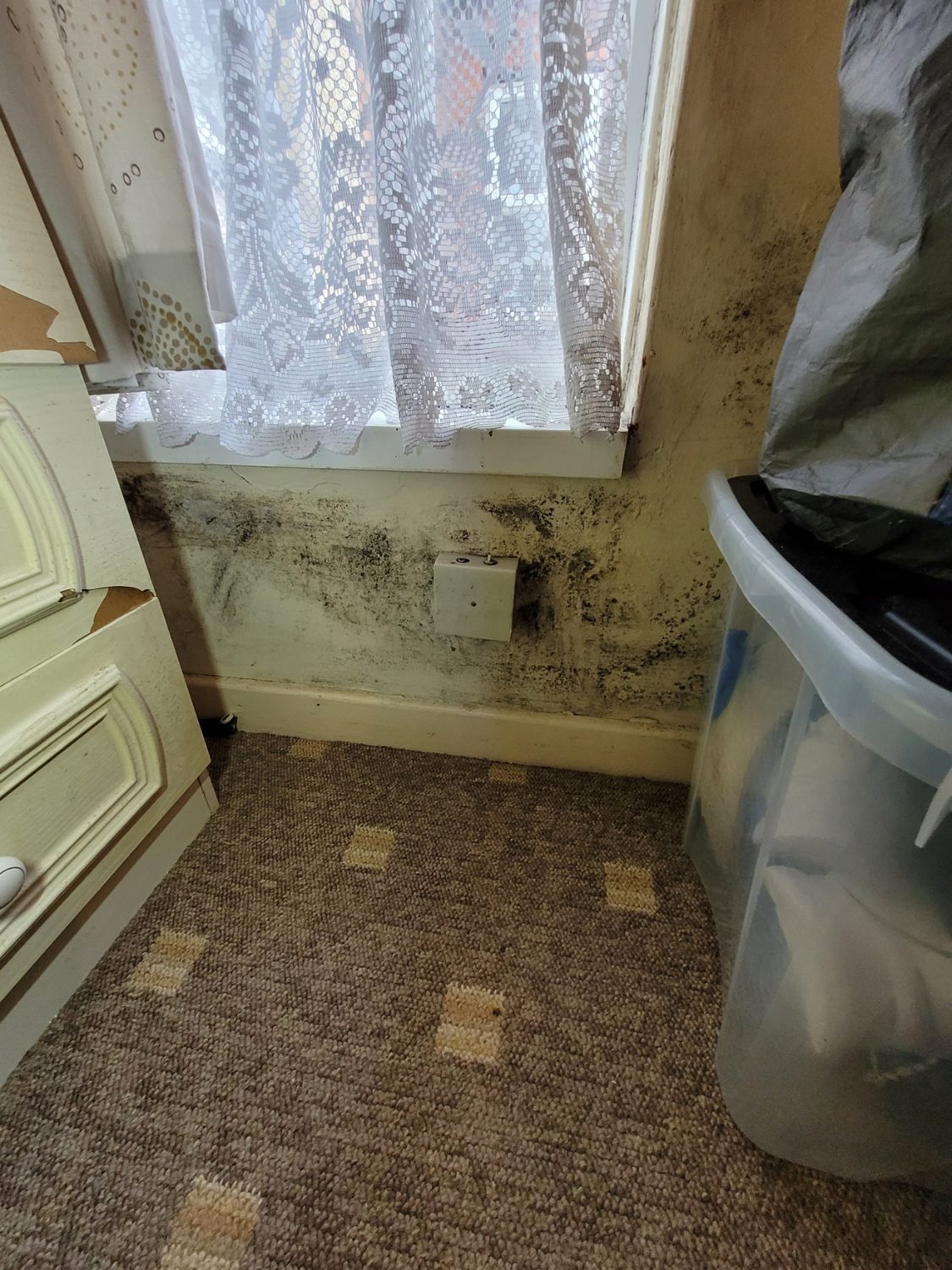 Damp staining around a window frame being investigated during a moisture survey